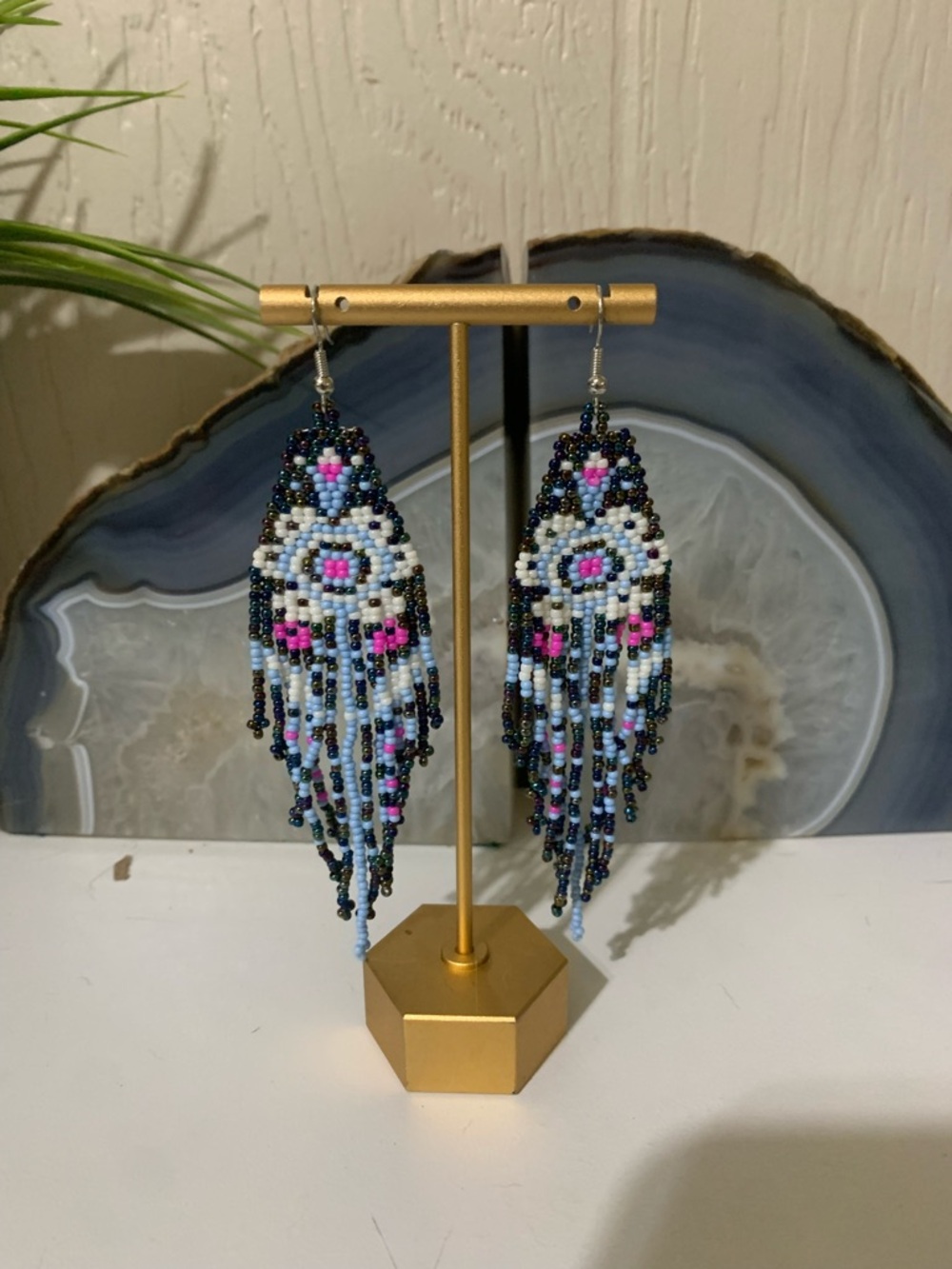 Beaded Fringe Dangle Earrings in Blue, White & Pink
